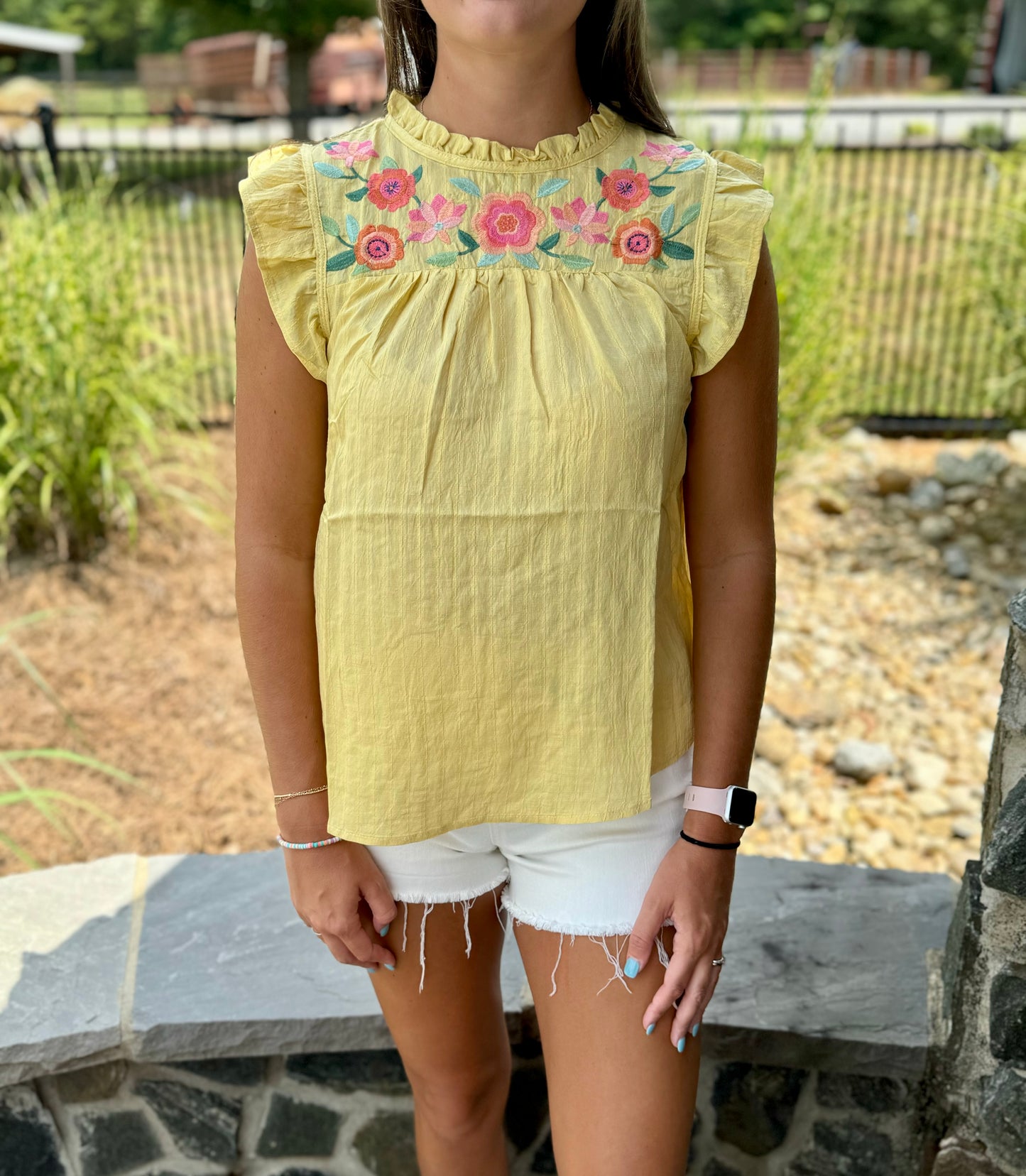 The Embroidered Flower Top- Dusty Yellow