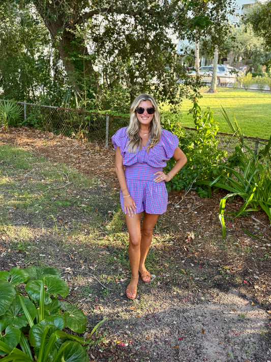Ruffled Detail Gingham Smocked Waist Romper