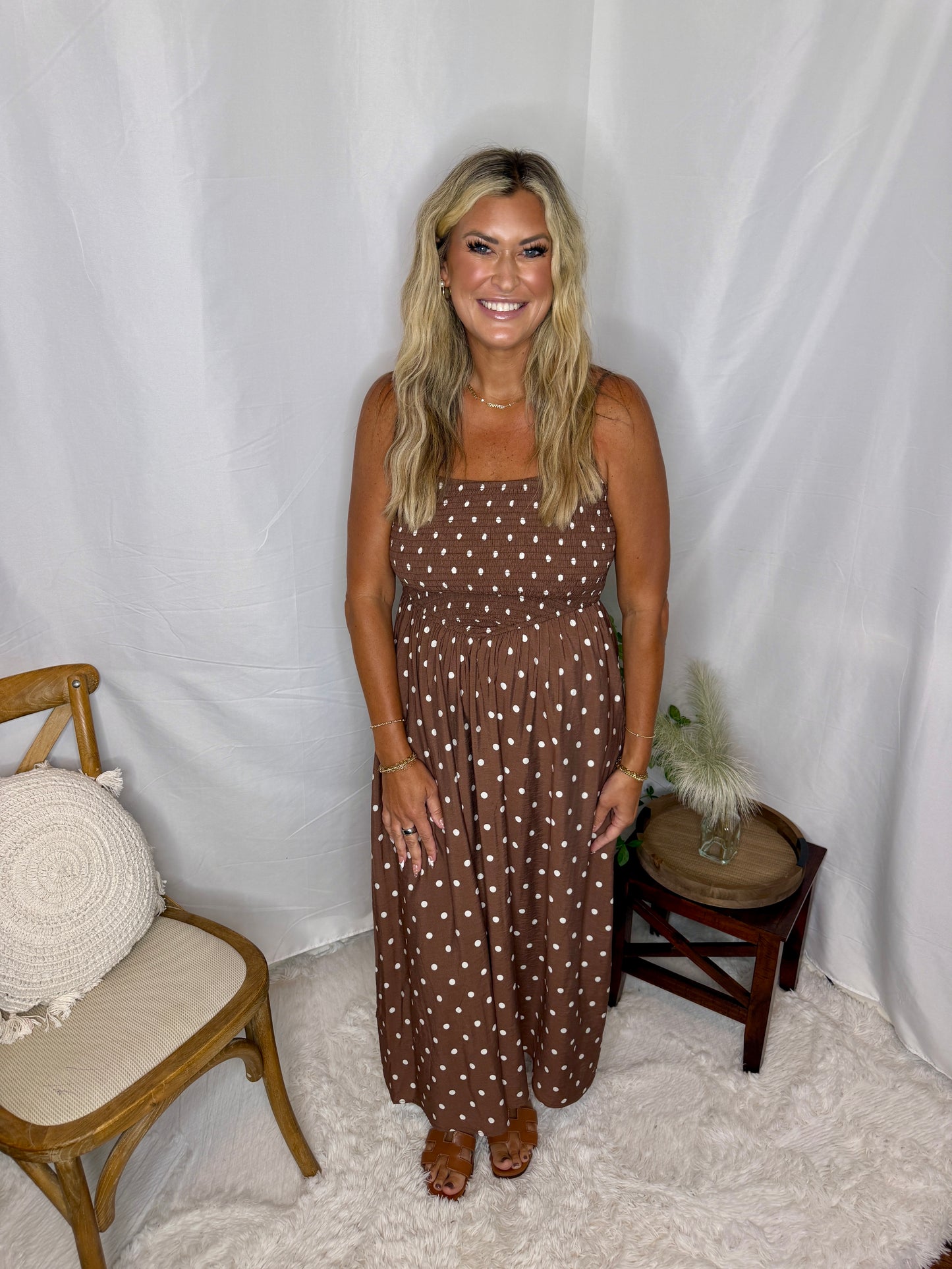 Polka Dot Smocked Waist Midi Dress