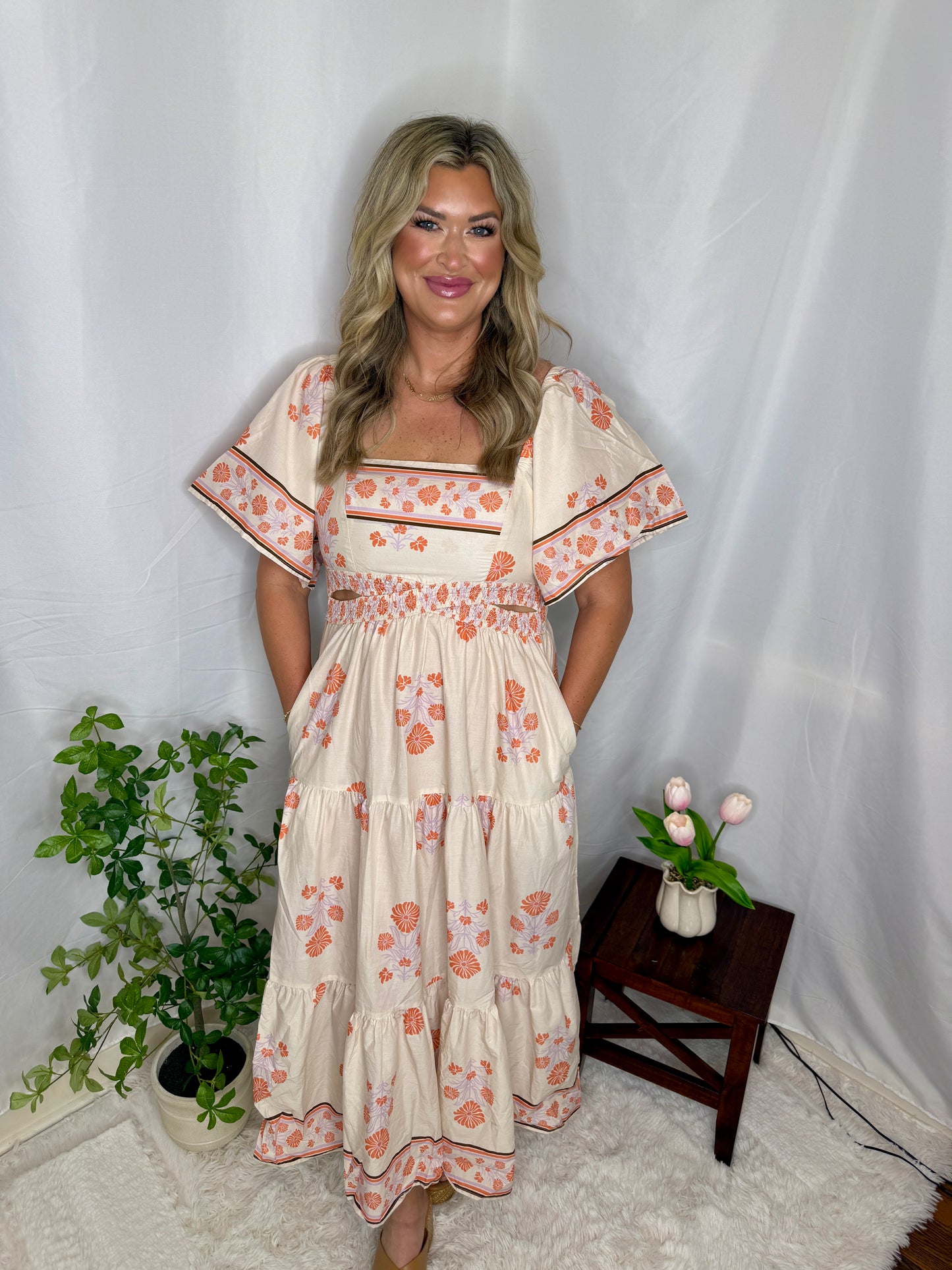 Coral Blossom Midi Dress