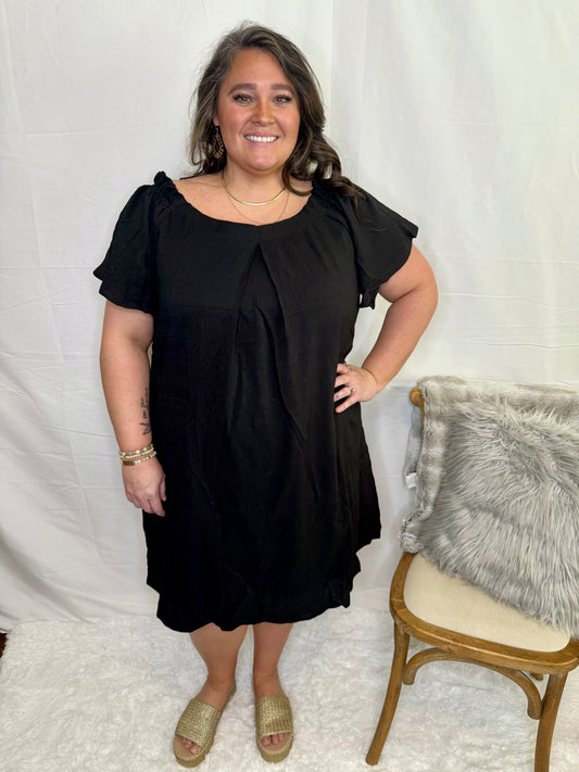 The Off the Shoulder Pleated Dress - Plus Size- Black