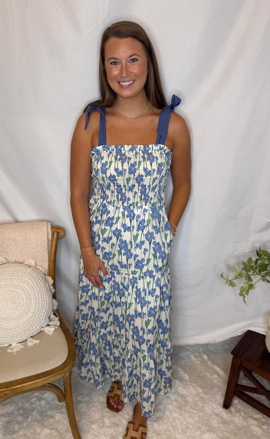 Blue Garden Smocked Maxi