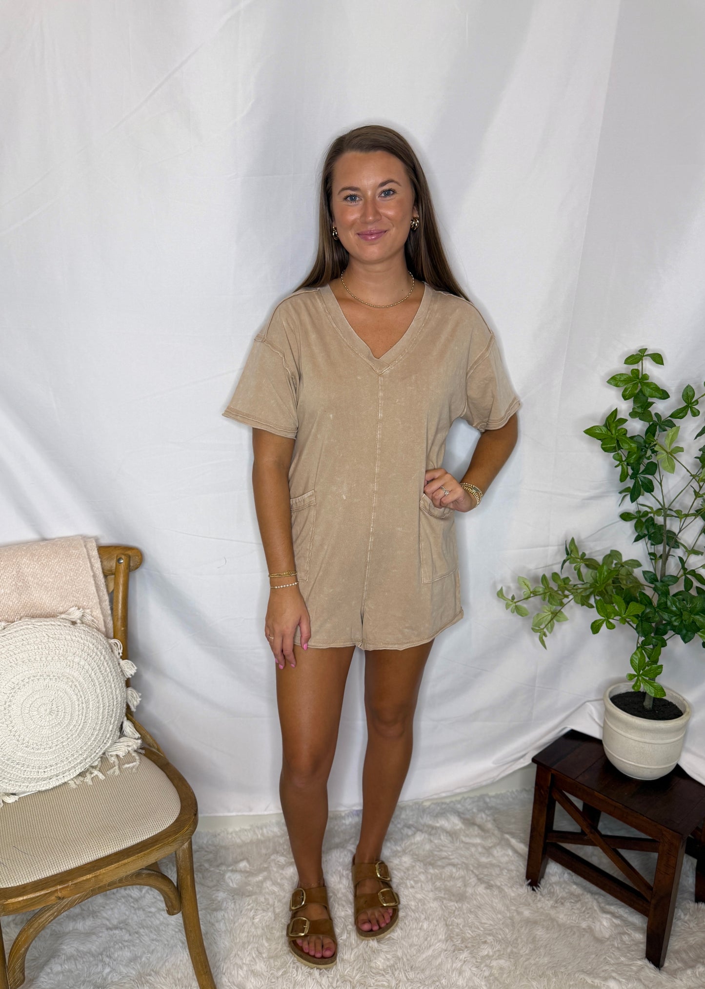 Mineral Washed Oversized Casual Knit Romper