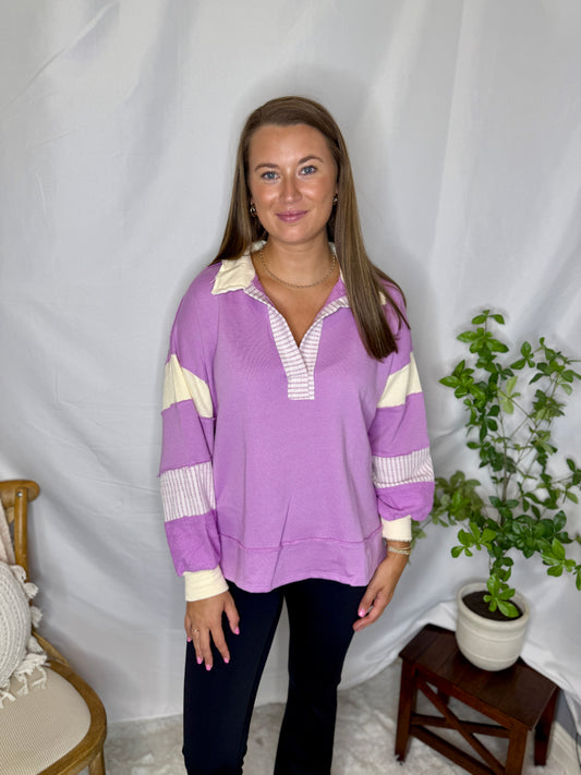 French Terry Knit Color-block Collared Loose Fit Top