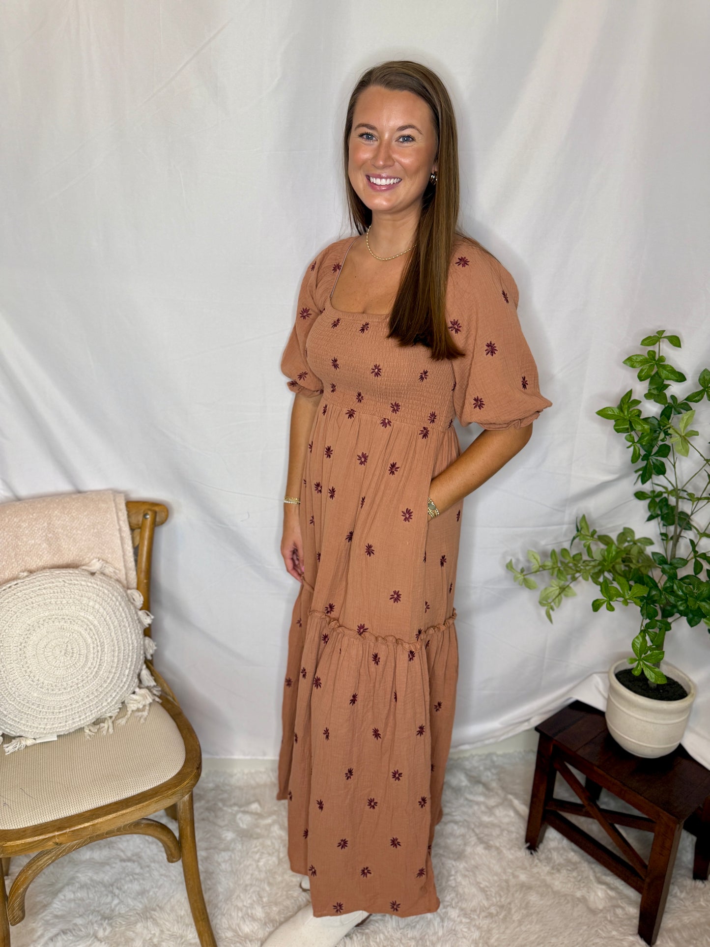 Floral Embroidered Tiered Maxi Dress