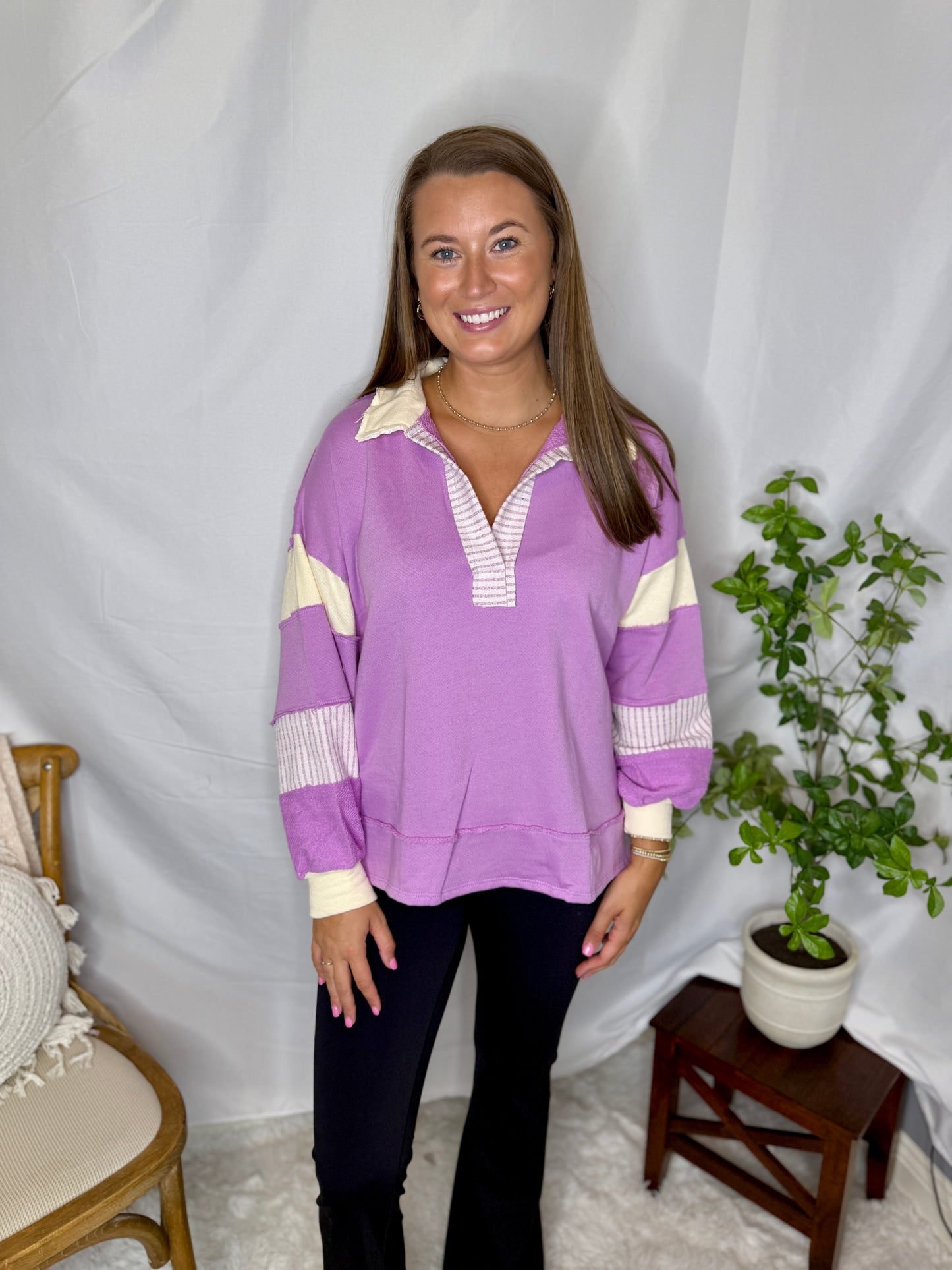 French Terry Knit Color-block Collared Loose Fit Top