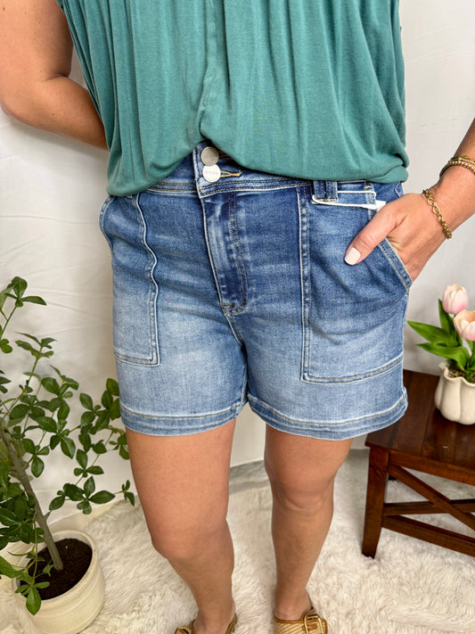 High Rise Patched Front Pocket Shorts