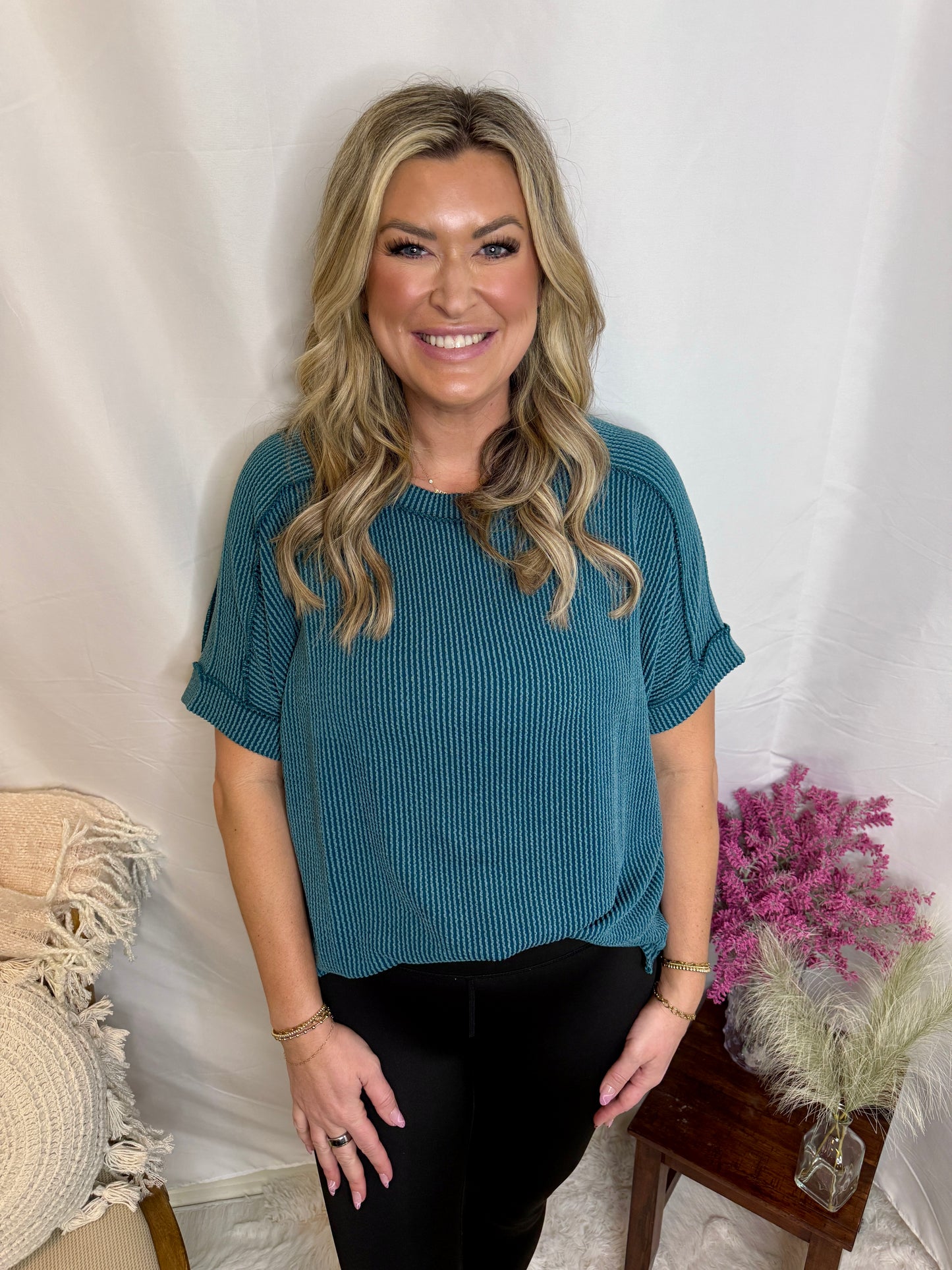 Raised Rib Cuff Sleeve Top