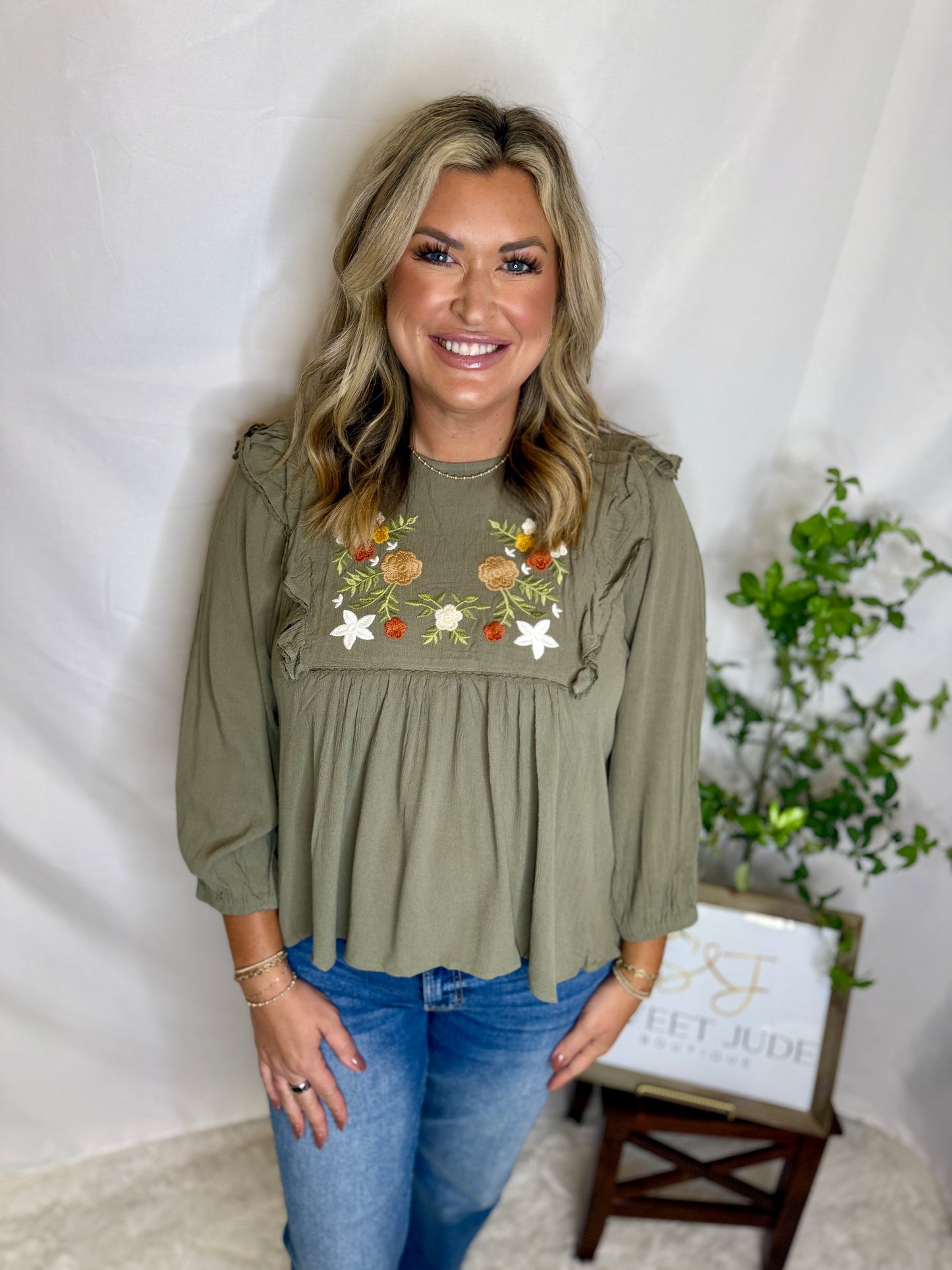 Embroidered Ruffle Floral Blouse