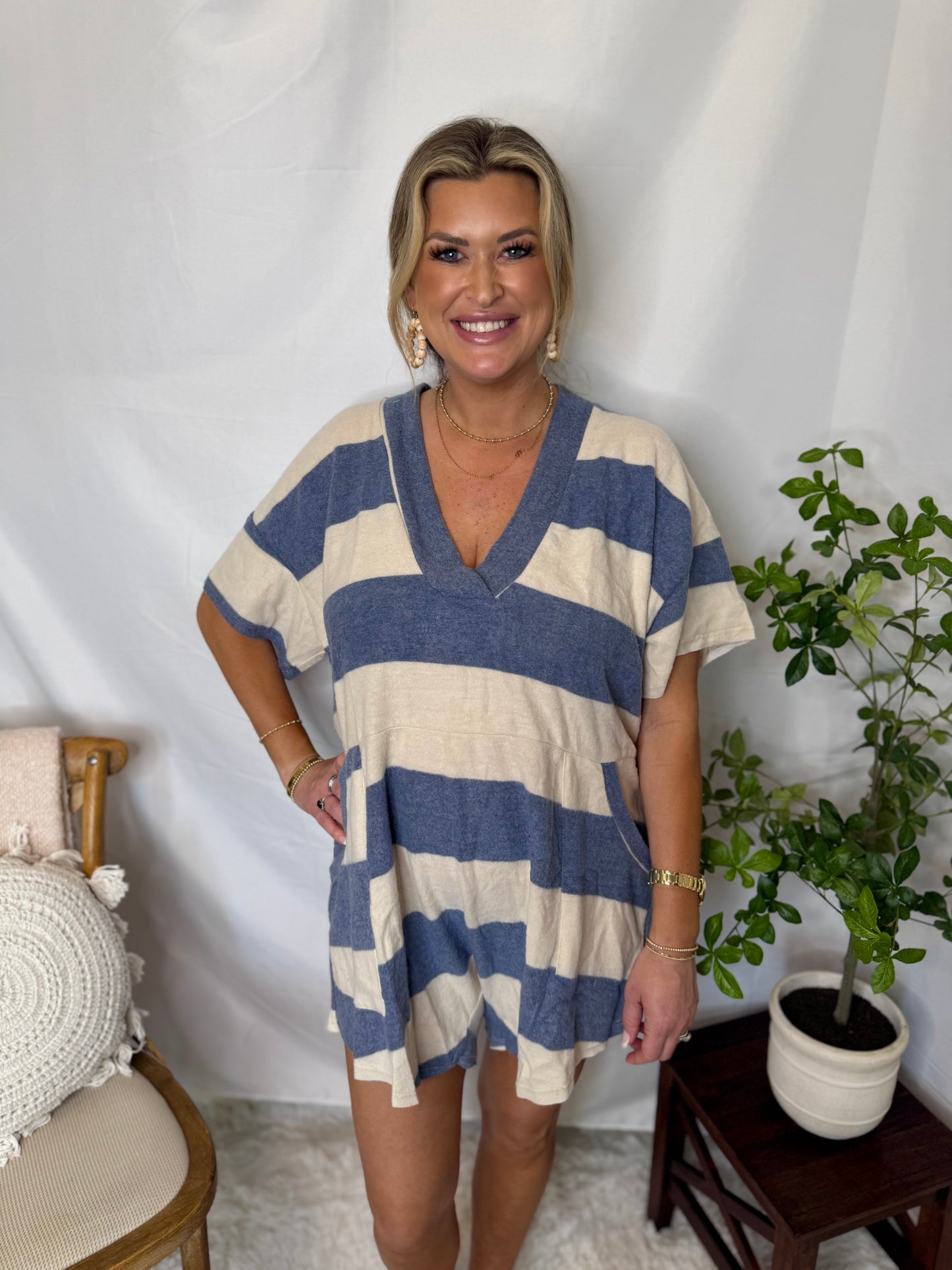 The Oversized V-neck Stripe Romper