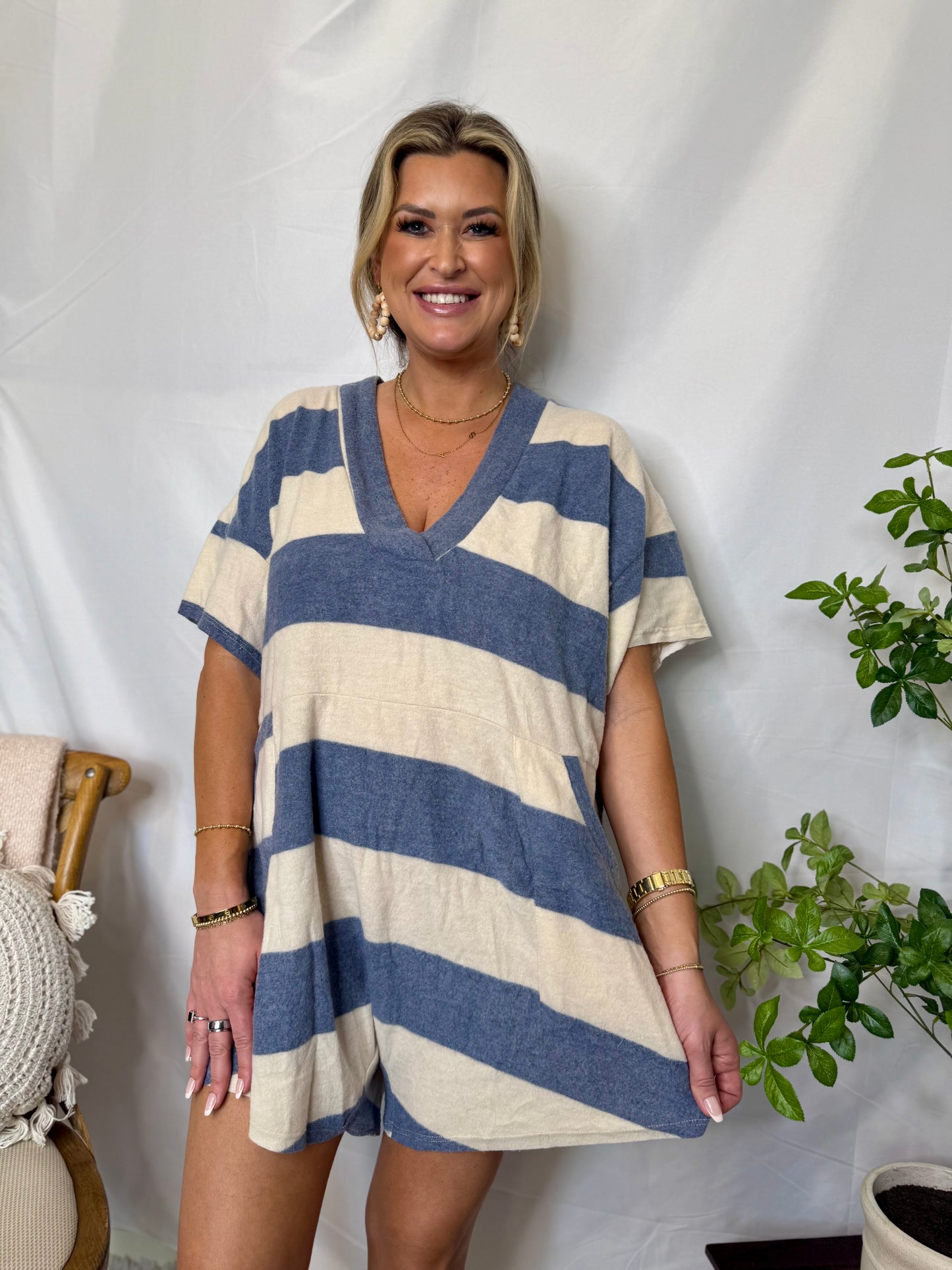 The Oversized V-neck Stripe Romper