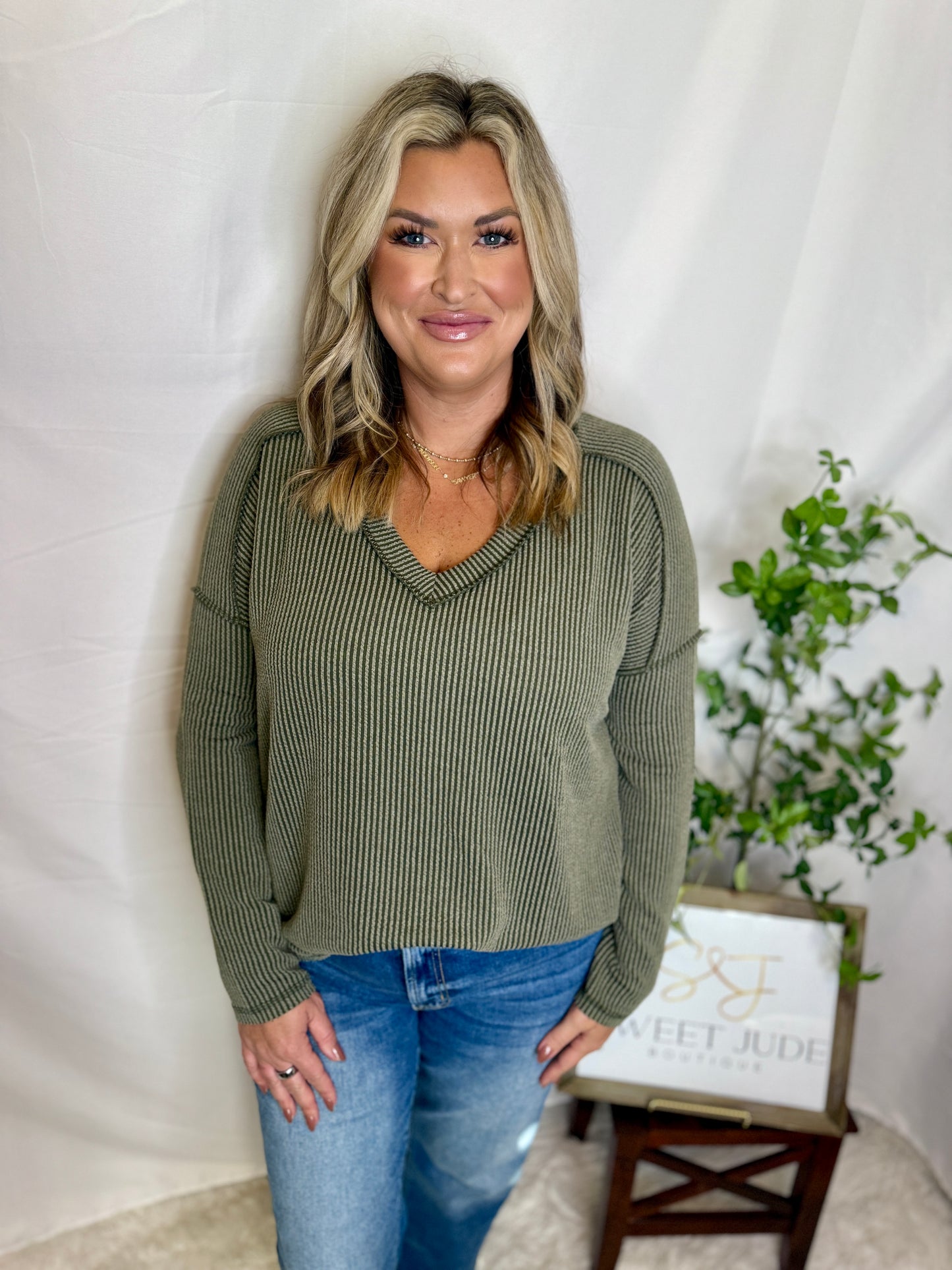 The Olivia Ribbed Long Sleeve V-neck Tee