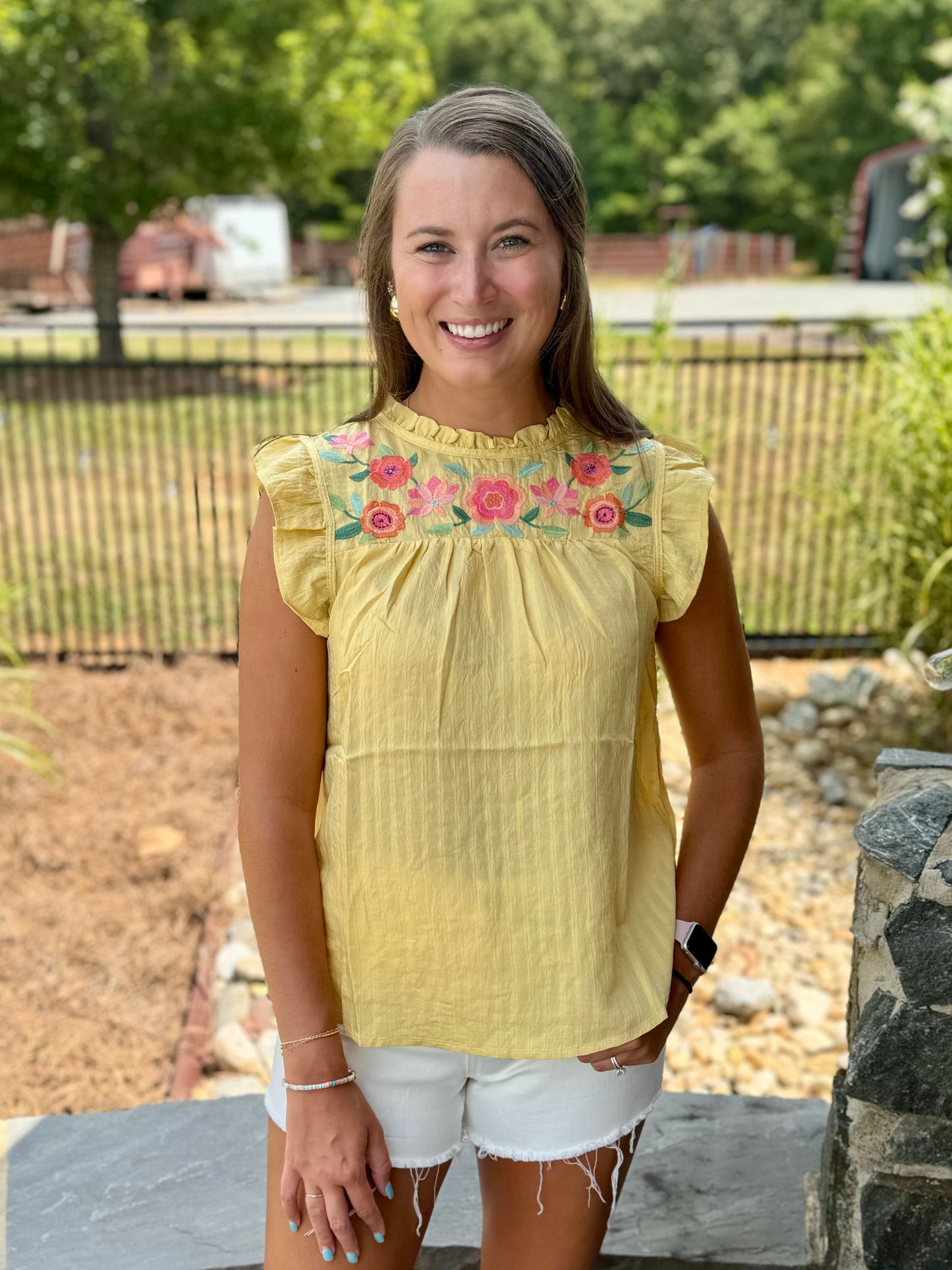 The Embroidered Flower Top- Dusty Yellow