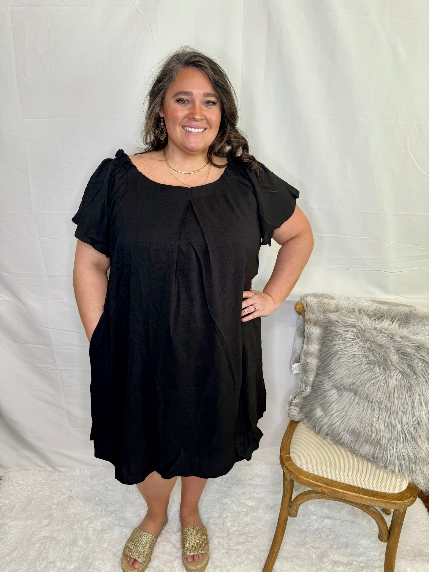 The Off the Shoulder Pleated Dress - Plus Size- Black