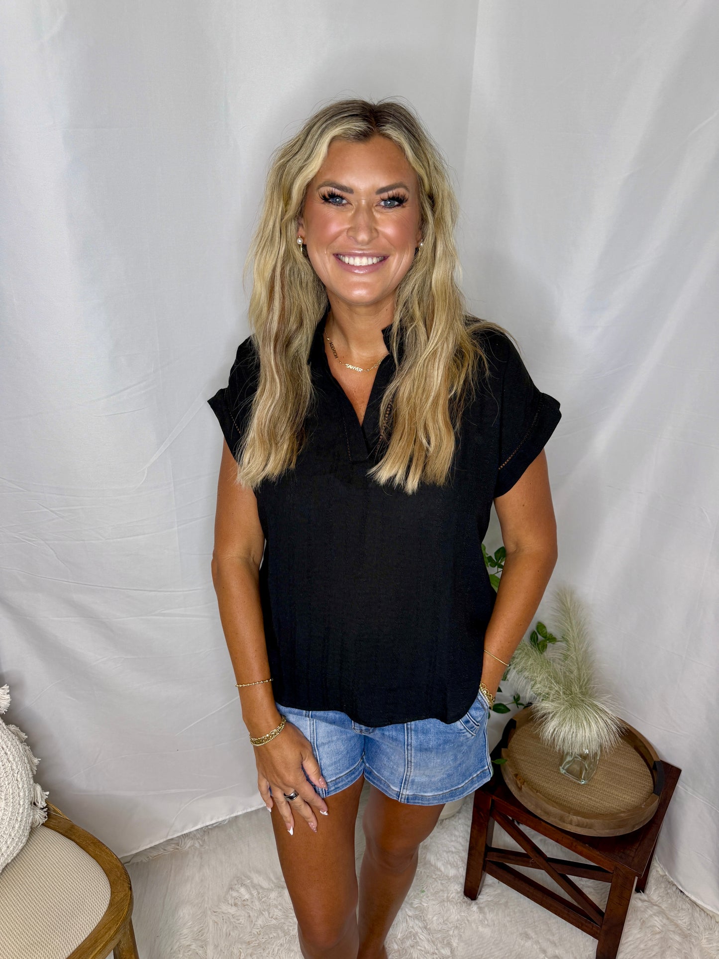 Classic Black Split-Neck Blouse