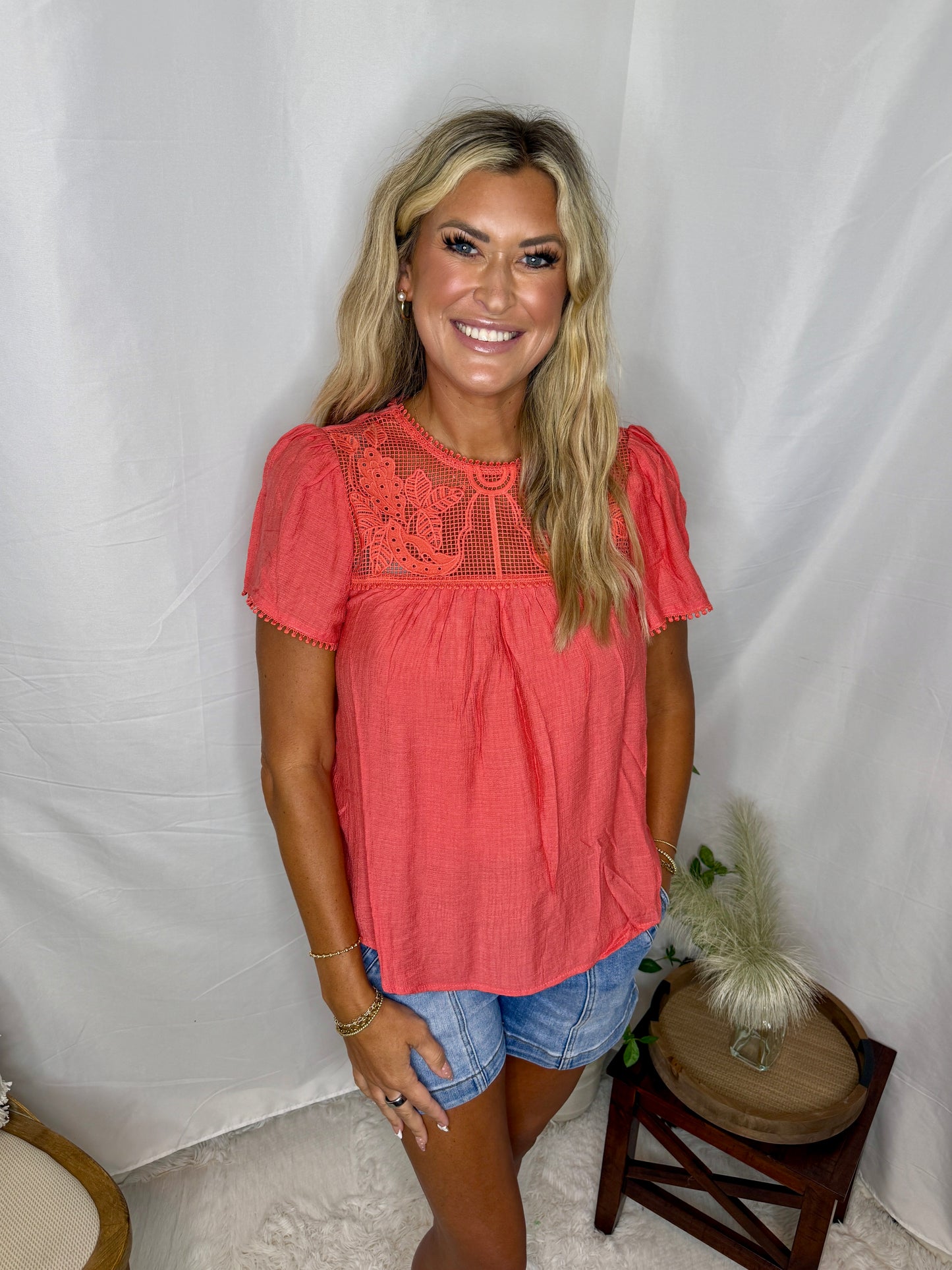 SHEER LACE SHORT SLEEVE POM POM BLOUSE