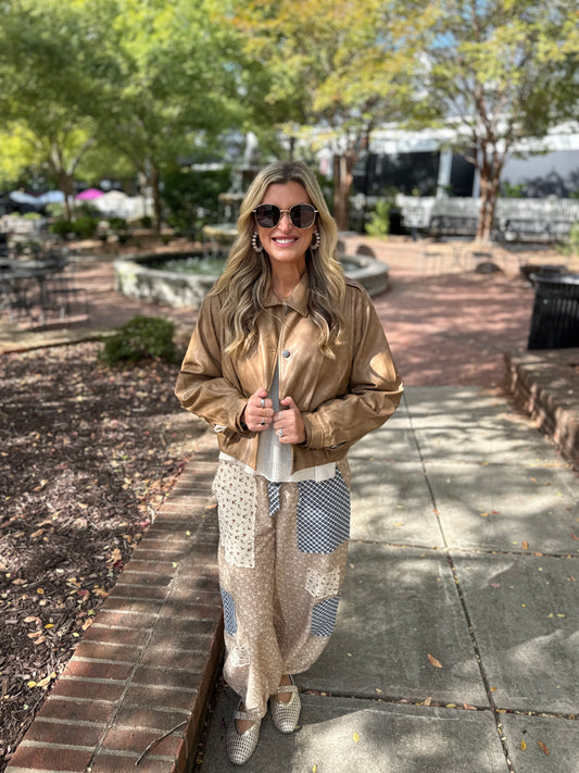 Pleated Leather Cropped Jacket