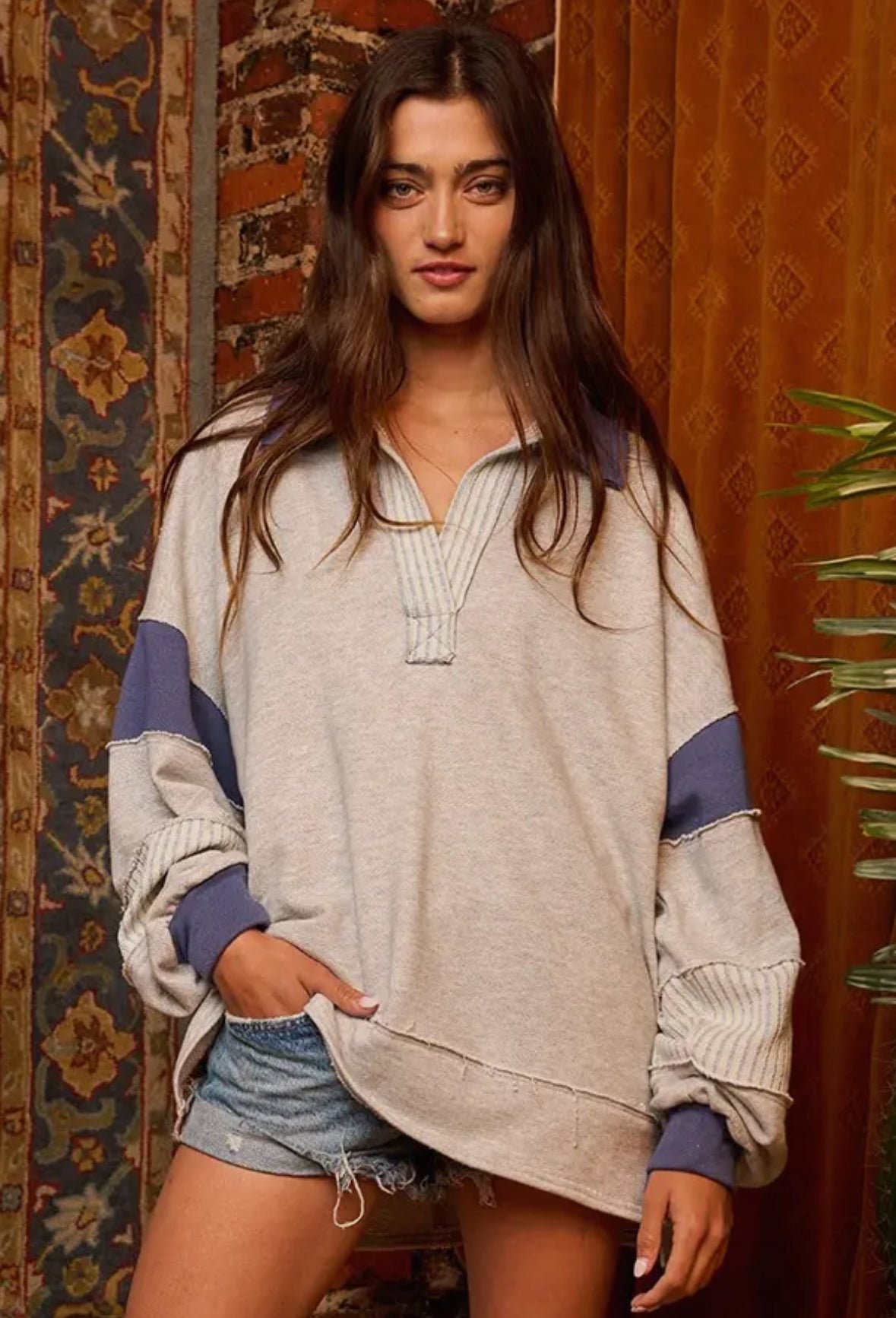 French Terry Knit Color-block Collared Loose Fit Top