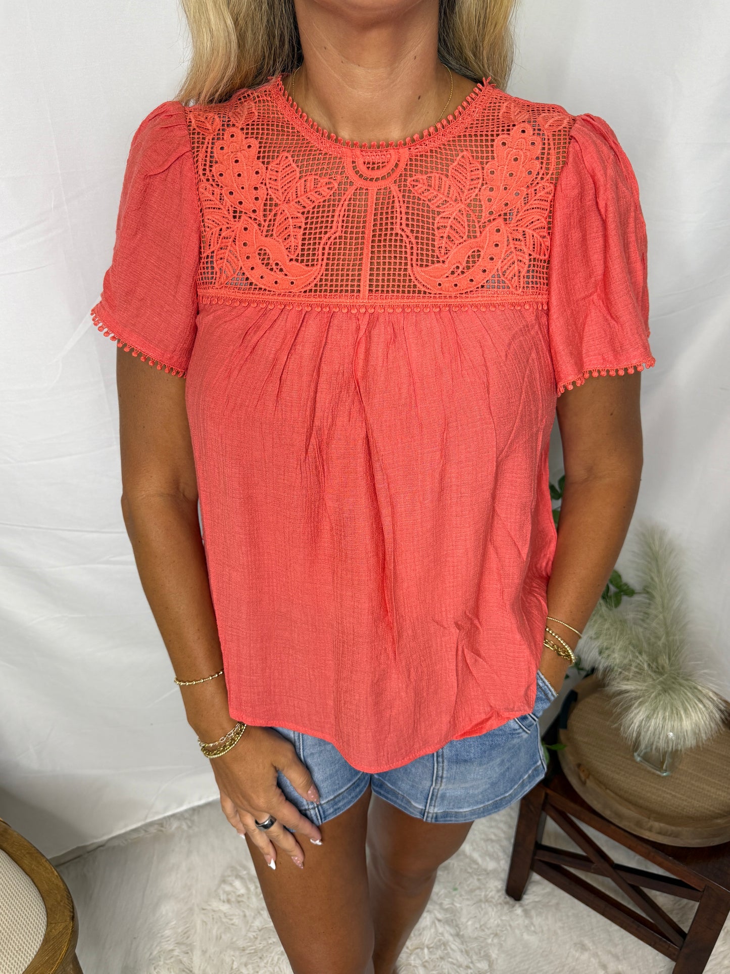 SHEER LACE SHORT SLEEVE POM POM BLOUSE