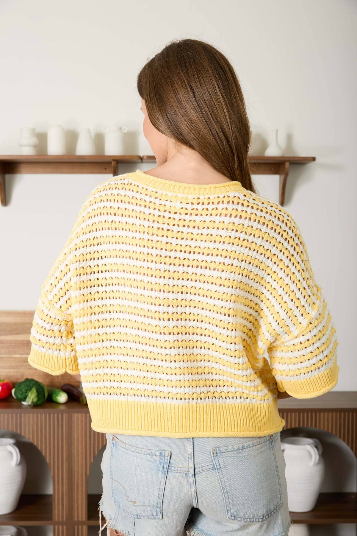 STRIPE SHORT SLEEVE CROCHET KNIT CARDIGAN