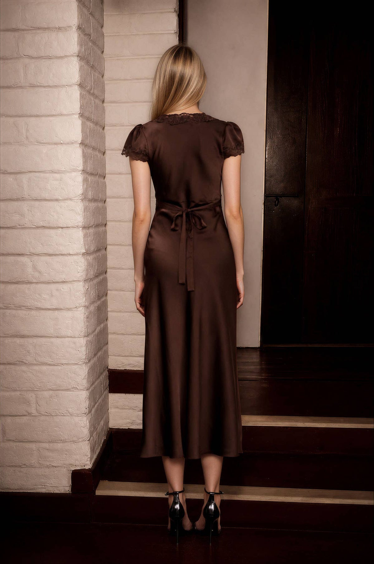 SATIN LACE TRIM MIDI DRESS