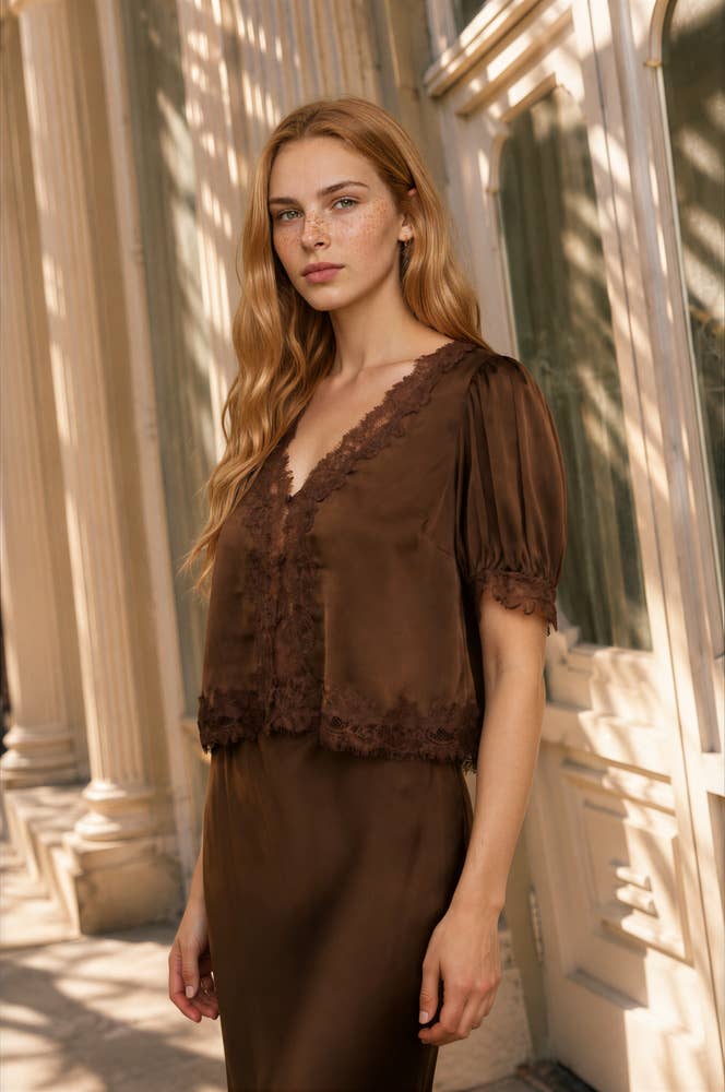 SATIN LACE TRIM BLOUSE
